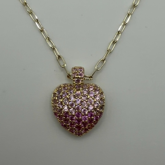 Pink Ombre CZ Heart Paperclip Chain Necklace NWT - Picture 3 of 4